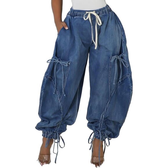 Stylish Women's Wide Leg Cargo Jeans - High Waisted Harem Pants with Pockets
